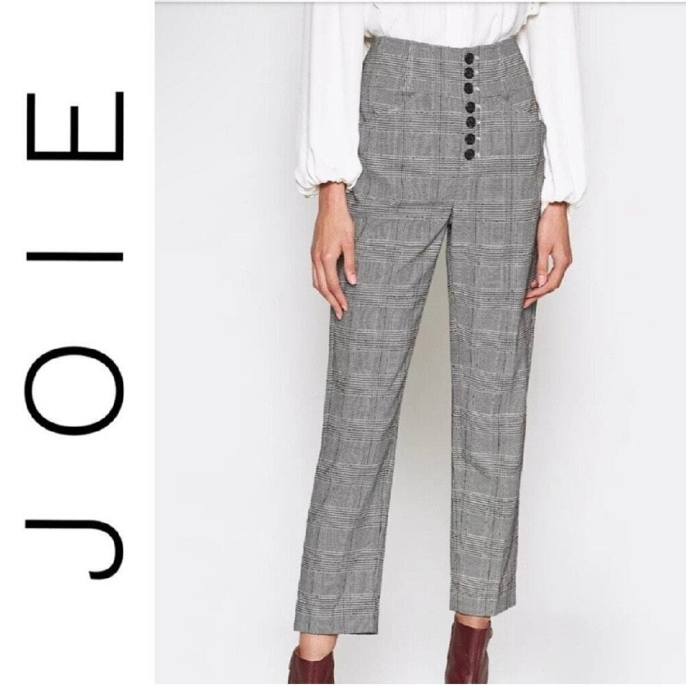 NWT Joie 'Abony' Glen Plaid Straight Leg Cropped Trousers pants 6 grey